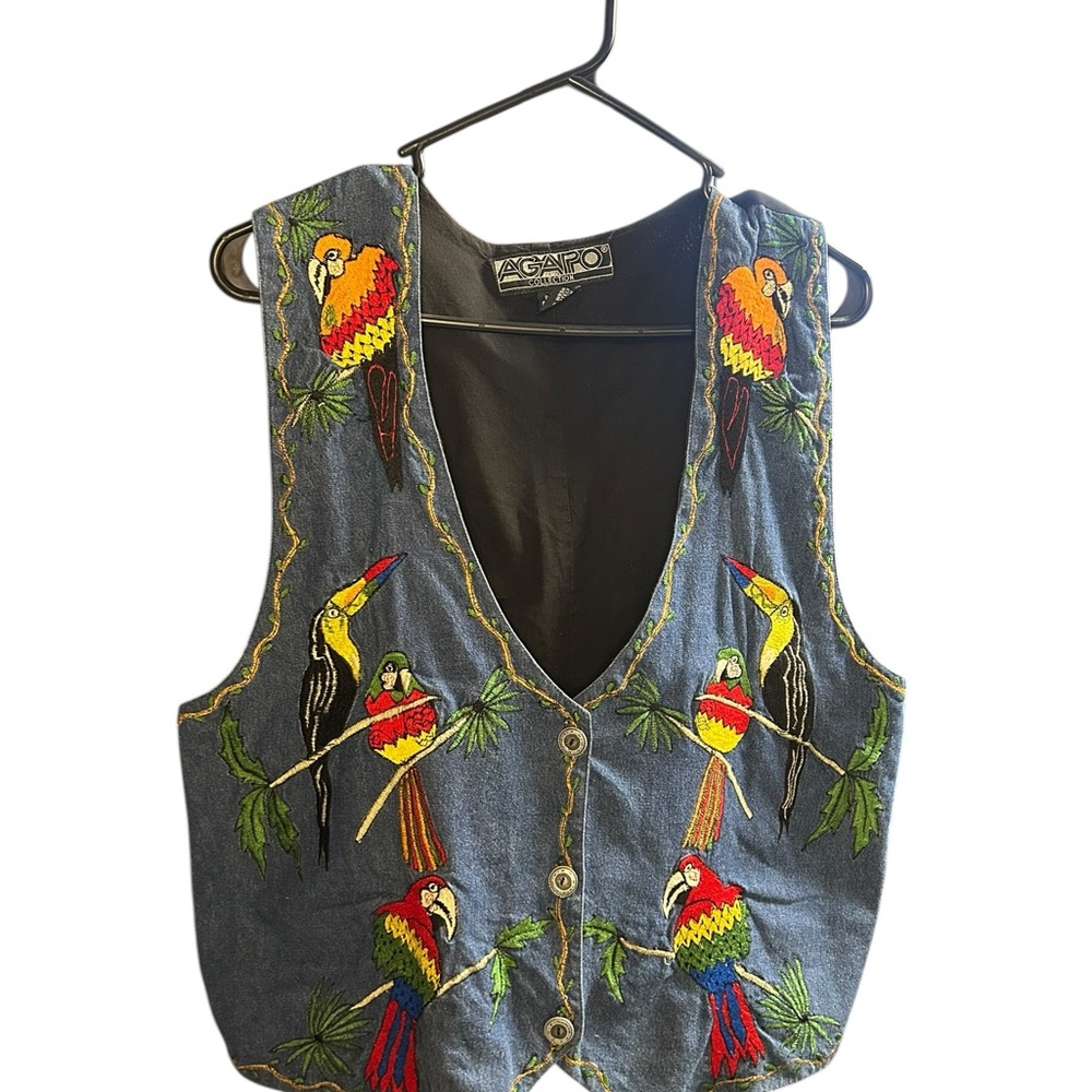 VTG Agape Collection Embroidered Parrot Denim Vest Size L Tropical Toucan Boho